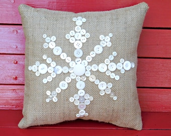 Burlap Snowflake Pillow, Hand Sewn Vintage Buttons, Winter Decor