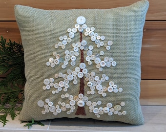 Christmas Pillow, Green Holiday Pillow for Christmas, Holiday Decor, Christmas Gift, Burlap Pillow Vintage Buttons, Christmas Decor for Her