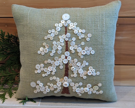 Christmas Pillow, Green Holiday Pillow for Christmas, Holiday Decor, Christmas Gift, Burlap Pillow Vintage Buttons, Christmas Decor for Her