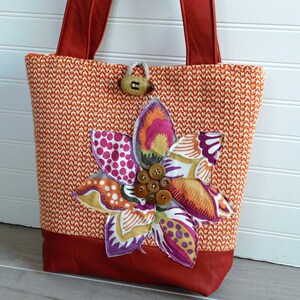 Work Bag for Women, Genuine Leather Tote Bag with Zipper, Burnt Orange Handbag, Ladies Shoulder Bag, Unique Purses, Orange Bag, Floral Purse image 5