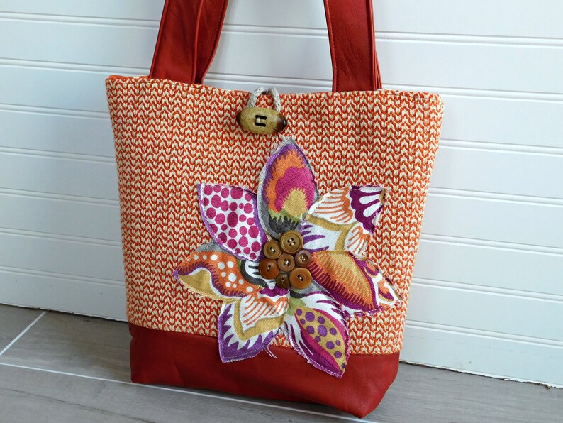 Work Bag for Women, Genuine Leather Tote Bag with Zipper, Burnt Orange Handbag, Ladies Shoulder Bag, Unique Purses, Orange Bag, Floral Purse image 5