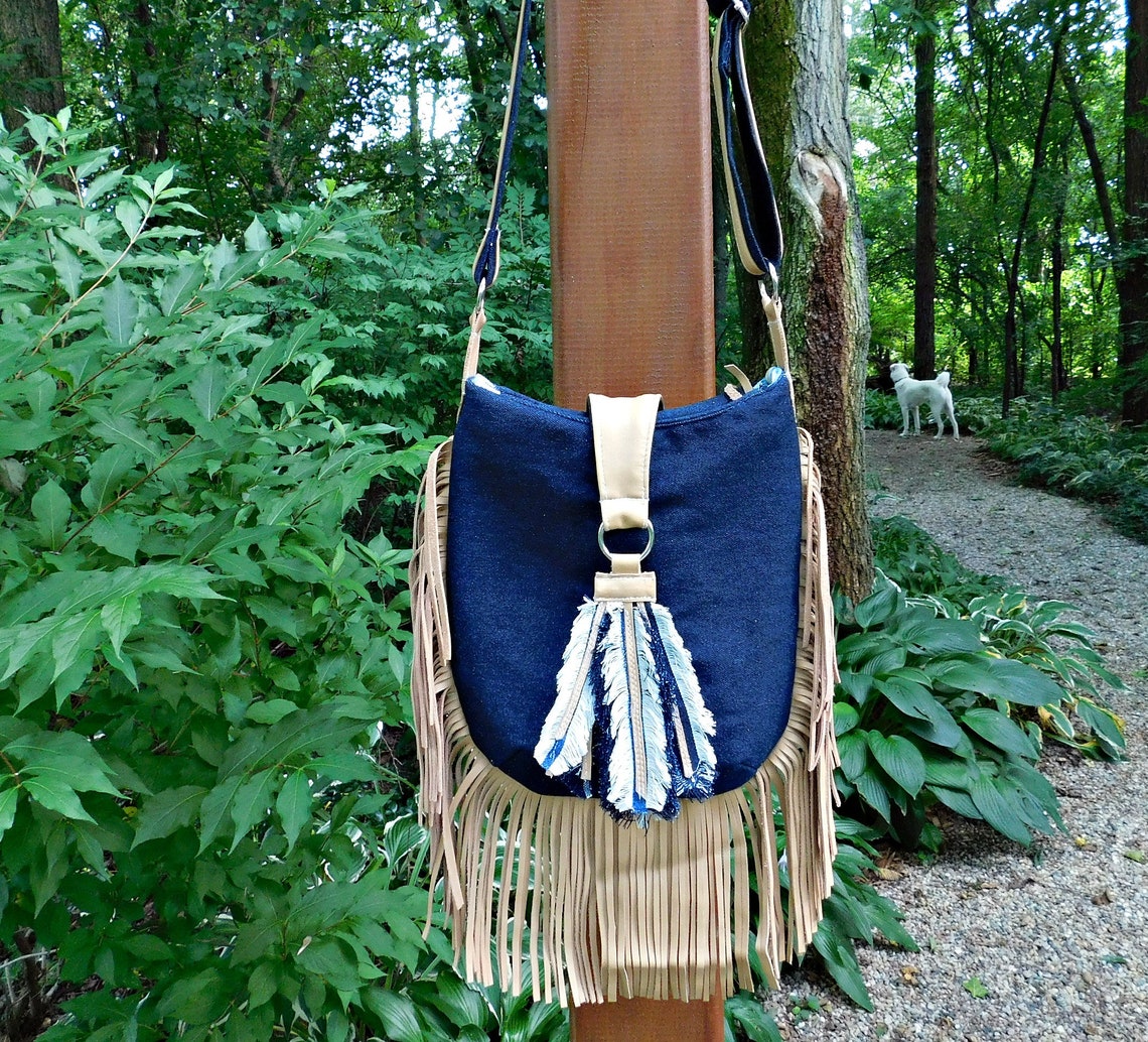 Denim Crossbody Bag with Fringe Denim Hippie Purse Feathers Etsy
