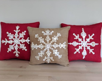 Red Burlap Snowflake Pillow, Button Accent, Holiday Decor