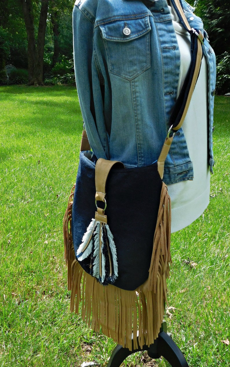 Denim Crossbody Bag with Fringe Denim Hippie Purse Feathers Etsy