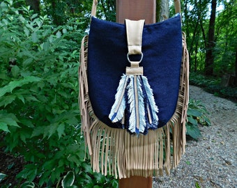 Denim Crossbody Bag with Fringe, Denim Hippie Purse Feathers, Leather Fringe Crossbody Handbag Cross Over Shoulder Bag Cross Body Bag Boho