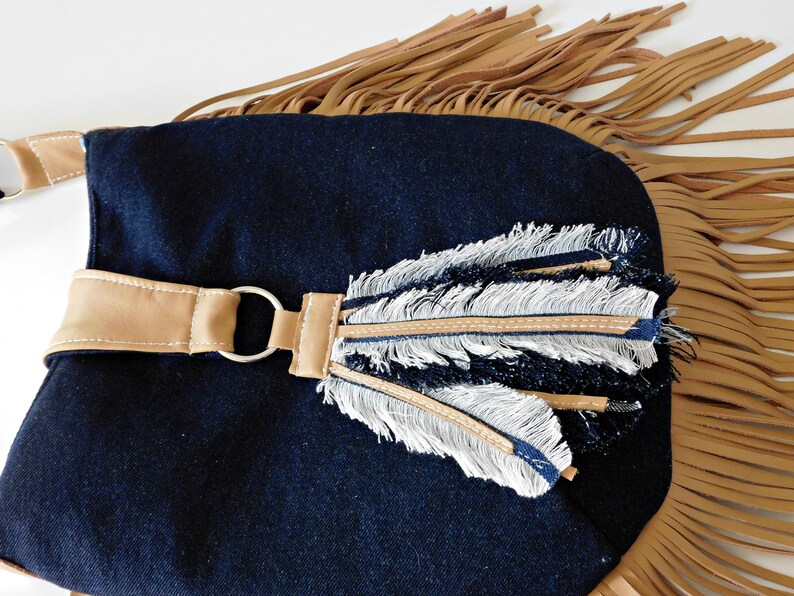 Denim Crossbody Bag with Fringe Denim Hippie Purse Feathers Etsy