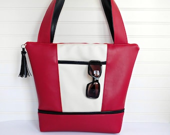 Red Leather Purse for Women Red Handbag, Womens Work Bag, Black White Red Purse Vegan Leather Handbag Tote Bag with Zipper Red Tote for Work