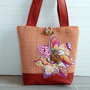 Work Bag for Women, Genuine Leather Tote Bag with Zipper, Burnt Orange Handbag, Ladies Shoulder Bag, Unique Purses, Orange Bag, Floral Purse image 2