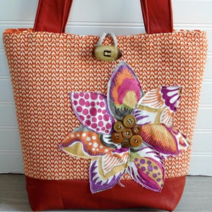 Work Bag for Women, Genuine Leather Tote Bag with Zipper, Burnt Orange Handbag, Ladies Shoulder Bag, Unique Purses, Orange Bag, Floral Purse image 1