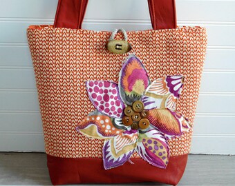 Work Bag for Women, Genuine Leather Tote Bag with Zipper, Burnt Orange Handbag, Ladies Shoulder Bag, Unique Purses, Orange Bag, Floral Purse