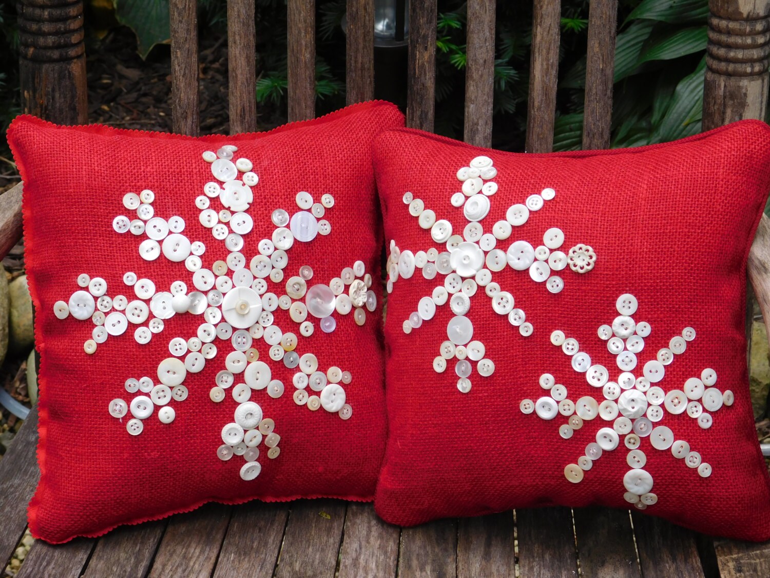 Snowflake Pillow Holiday Decor Red Burlap Pillow Christmas Etsy