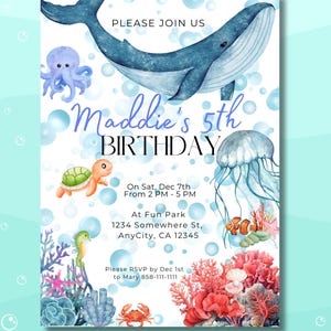 Sea Animals Invite, Sea Animal Birthday Invitation, Oneder the Sea Party, Under the Sea Invite, Sea Creature Party, Ocean Invitation