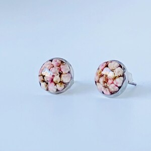 May include: Two round stud earrings. Each earring features a clear, domed resin setting filled with small, pink and cream-colored dried flowers. The earrings have a silver-colored post and backing.
