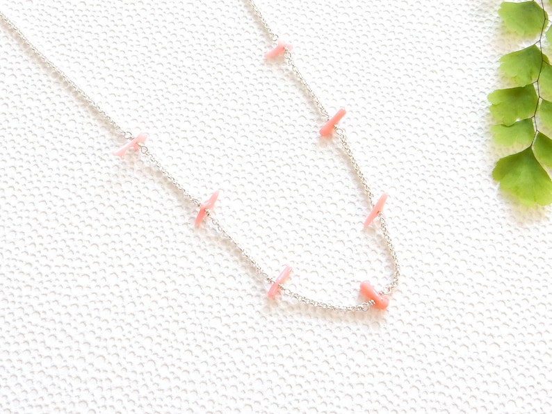 Long pink coral branch necklace sterling silver rolo chain ajustable necklace image 5