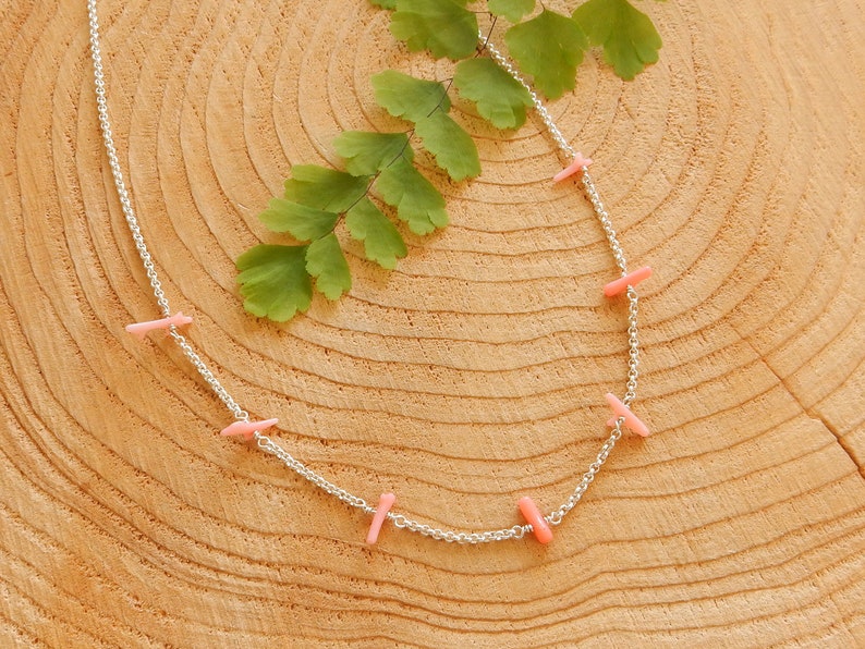 Long pink coral branch necklace sterling silver rolo chain ajustable necklace image 6