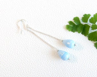 Long dangling earrings with light blue chalcedony (sterling silver)