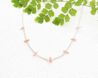 Long pink coral branch necklace | sterling silver rolo chain ajustable necklace