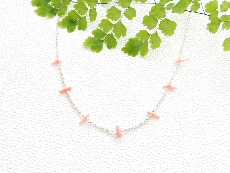 Long pink coral branch necklace sterling silver rolo chain ajustable necklace image 1