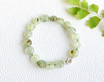 Green Prehnite mineral bracelet with sterling silver clasp | Gemstone (10 mm) coin bead