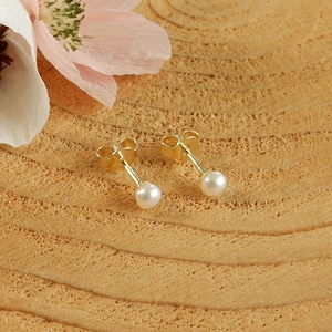 14K yellow gold tiny white pearl ear studs | 4mm pearl earrings