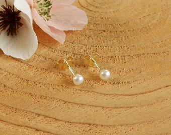 14K yellow gold tiny white pearl ear studs | 4mm pearl earrings