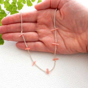 Long pink coral branch necklace sterling silver rolo chain ajustable necklace image 2