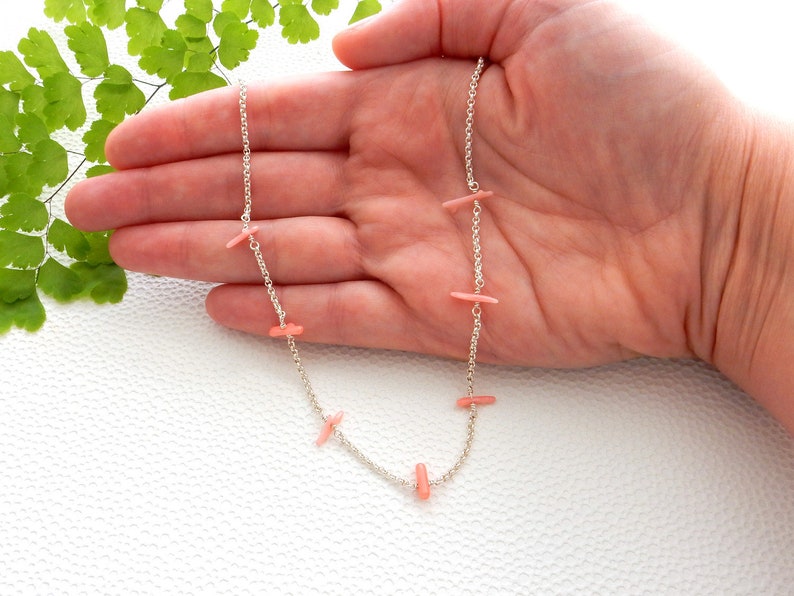 Long pink coral branch necklace sterling silver rolo chain ajustable necklace image 2