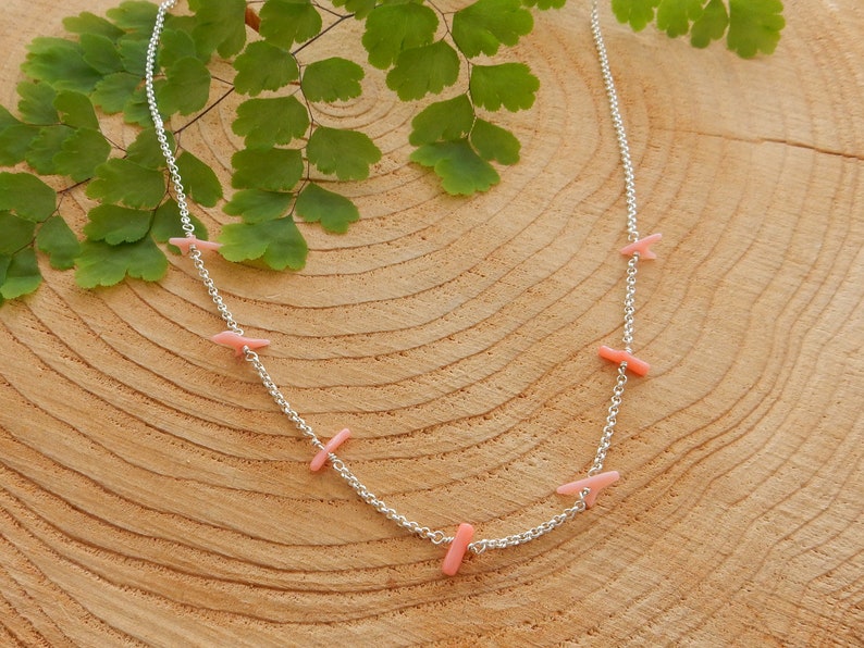 Long pink coral branch necklace sterling silver rolo chain ajustable necklace image 3