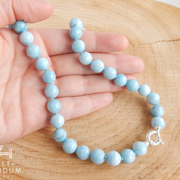 Larimar necklace with sterling silver clasp | genuine gemstone 10mm round faceted beads (18 inch)