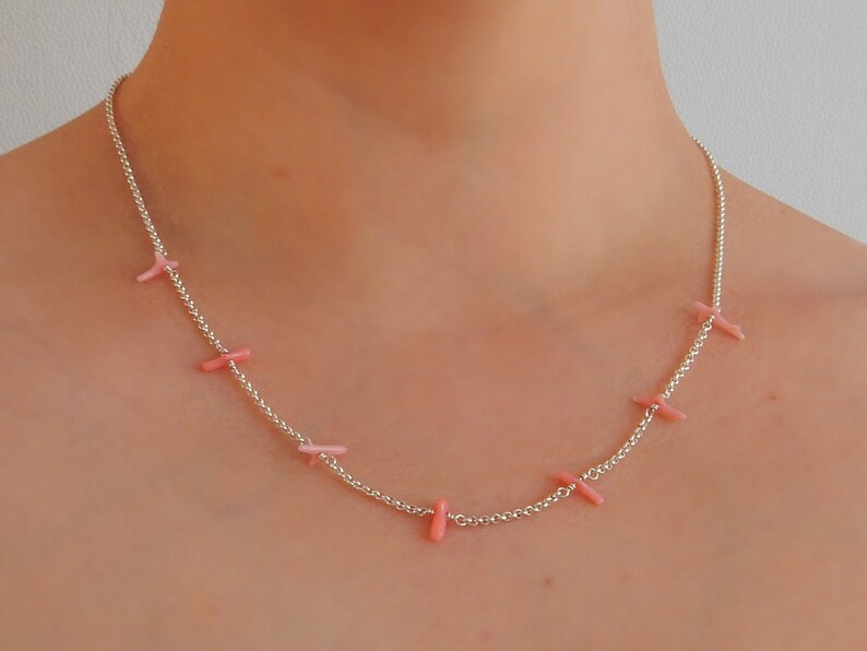 Long pink coral branch necklace sterling silver rolo chain ajustable necklace image 7