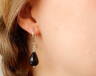 Dangling onyx drop earrings | sterling silver black gemstone quartz earrings