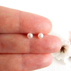 14K yellow gold tiny white pearl ear studs | 4mm pearl earrings