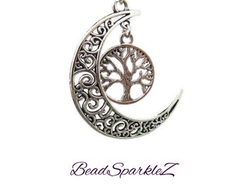 Silver Crescent Moon and Tree of Life Necklace, Moon Necklace, Boho Necklace, Tree Necklace, Celestial, Nature, Ladies, Girls, Bohemian,Gift