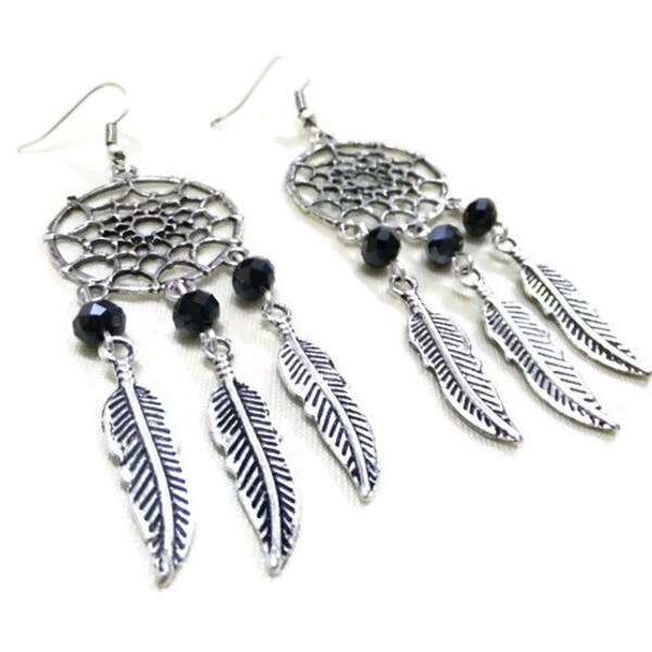 Antique Silver Dream Catcher Earrings with Black Crystals, Feather Earrings, Boho Earrings, Hippie Earrings, Bohemian Earrings, Dreamcatcher