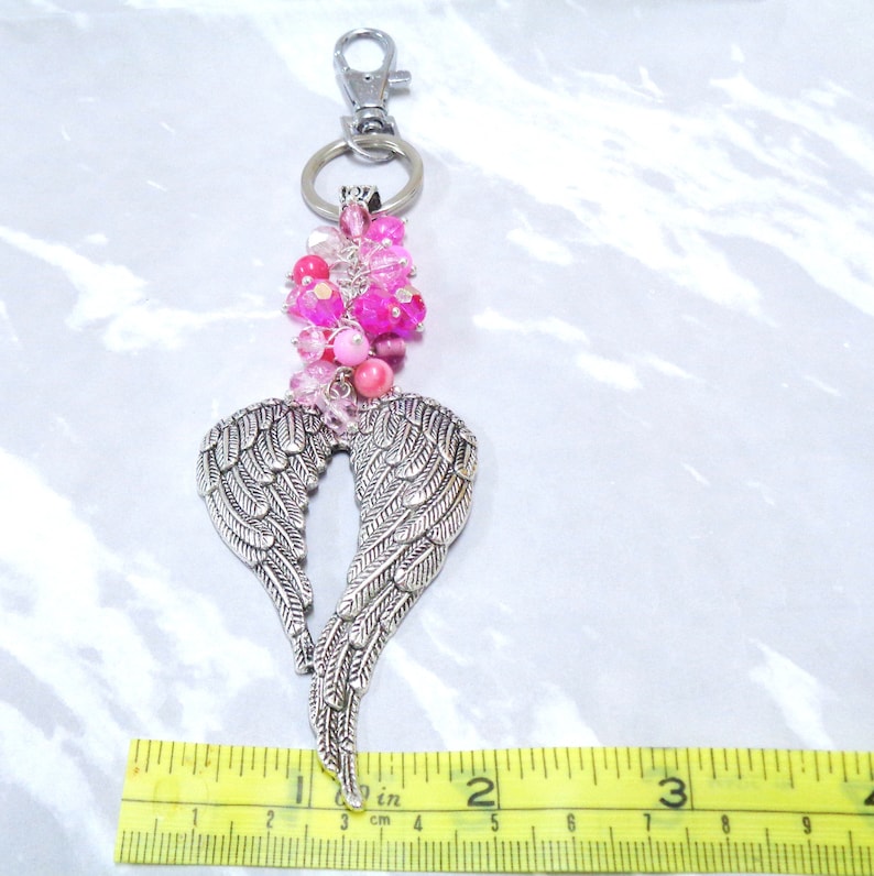 Valkyrie Wings Bag Charm Silver Angel Wing Keyring Pink Bead Cluster Ladies Gift Gift for Her Boho Protection Gift Angel Keychain