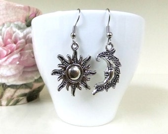 Sun and Moon Earrings, Mismatched, Celestial Earrings, Silver Earrings, Sun Jewellery, Crescent Moon Jewellery, Boho Earrings, Gift for Her