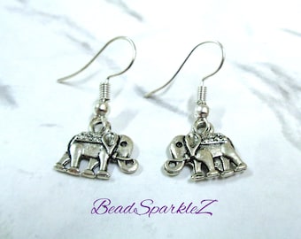 Small Silver Elephant Earrings, Simple Earrings, Lucky Charm, Animal Earrings, Boho Jewellery, Hooks, Ladies, Unisex, Girls Gift, Small Gift