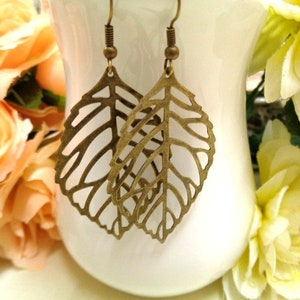 Large Bronze Leaf Dangle Earrings, Bohemian Jewellery