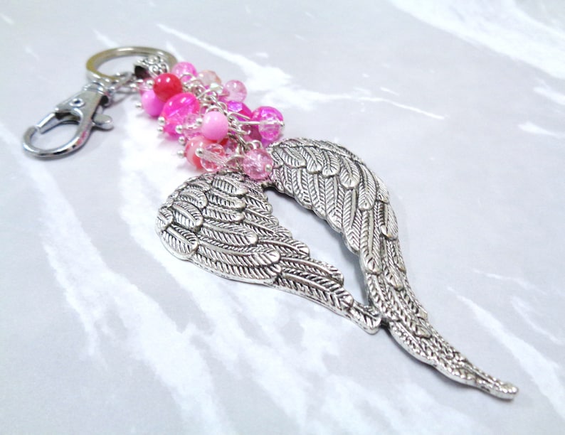 Valkyrie Wings Bag Charm Silver Angel Wing Keyring Pink Bead Cluster Ladies Gift Gift for Her Boho Protection Gift Angel Keychain