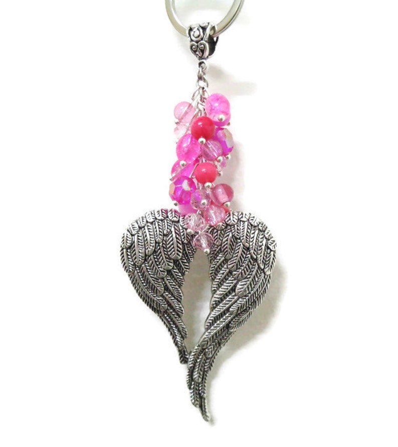 Valkyrie Wings Bag Charm Silver Angel Wing Keyring Pink Bead Cluster Ladies Gift Gift for Her Boho Protection Gift Angel Keychain