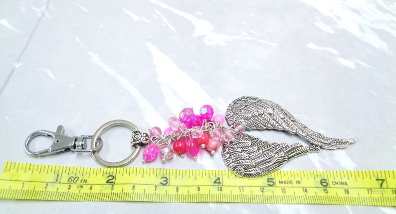 Valkyrie Wings Bag Charm Silver Angel Wing Keyring Pink Bead Cluster Ladies Gift Gift for Her Boho Protection Gift Angel Keychain