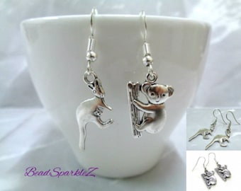 Silver Kangaroo and Koala Earrings, Mismatched Earrings, Australian Earrings, Aussie Animal Jewellery, Small Gift, Gift for Her, Travel Gift