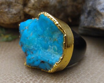 PRICE DROP! LG Blue Turquoise Stone - Bone Statement Ring - One-of-a-kind ring made in Columbia, 24K electroplated Sz 6.5, Organic Shape