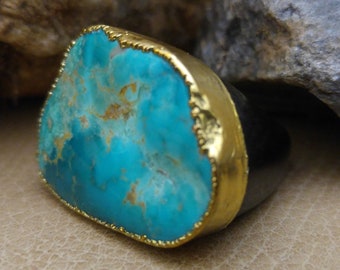 HUGE PRICE REDUCTION!! Large Turquoise and bone ring - One-of-a-kind ring made in Columbia, 24K electroplated Sz 7, Organic Large Stone