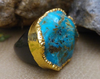 Price Reduced Huge Turquoise & Bone Statement Ring One-of-a-kind made in Columbia 24k electroplated Sz 6.5, LARGE STONE