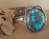 PRICE REDUCED Vintage TURQUOISE Spider Web Matrix Cuff bracelet Authentic Native American Indian, Leaf Motif, Sterling Silver Great Deal