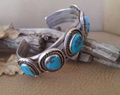 PRICE REDUCED Vintage Kingman Mine Turquoise Navajo CUFF Bracelet, Sterling Silver Heavy Triple Band American Indian hand made Navajo