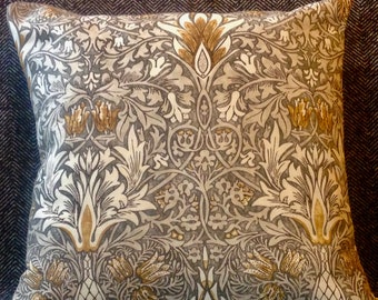 William Morris Fabric Cushion Cover - 'Snakeshead' Pewter and Gold