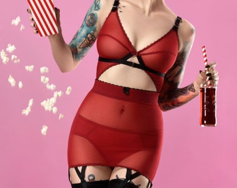 Corselette, Retro Style, Pin Up Corselette and Knickers. Red Vintage inspired lingerie