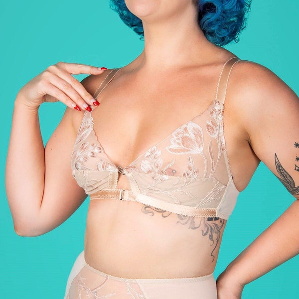 Tulip Embroidery Soft Bra with Biscotti mesh, Vintage Style front fastening bralet. Plus size Lingerie